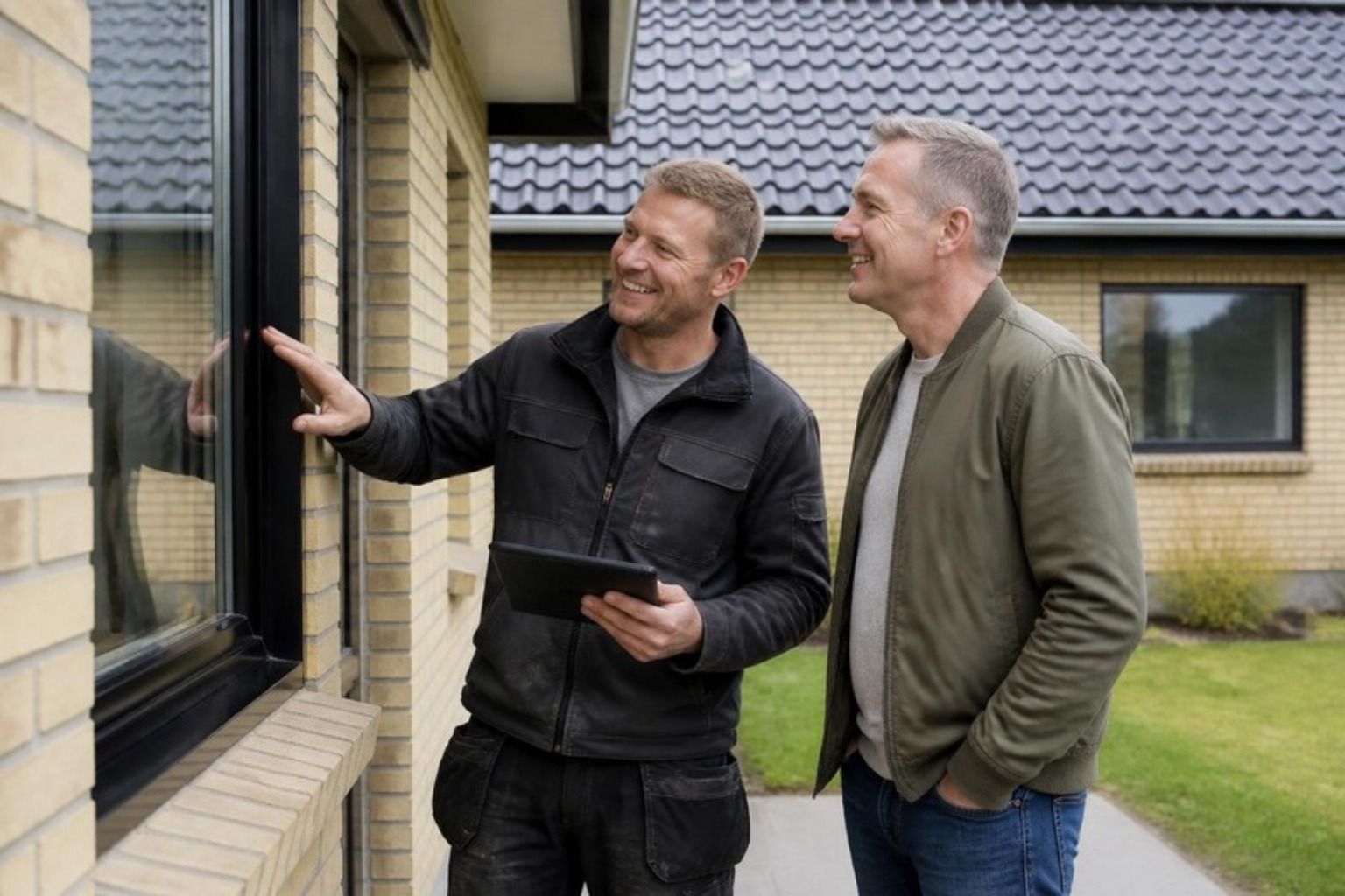 Håndværker med tablet peger på et vindue i et gult murstenshus, mens husets ejer ser med