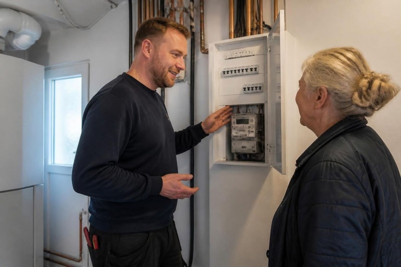 Elektriker viser en kvinde eltavlen i et bryggers og forklarer, hvad han har lavet