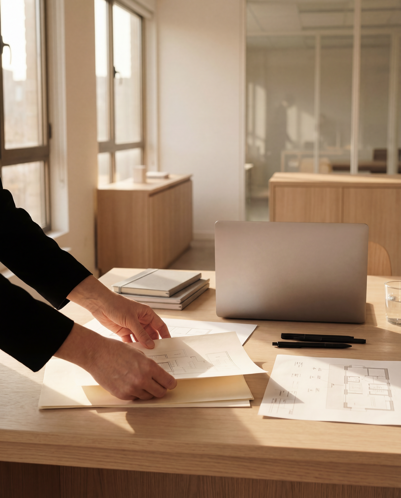 Hænder lægger papirer og tegninger til rette på et skrivebord ved en bærbar computer