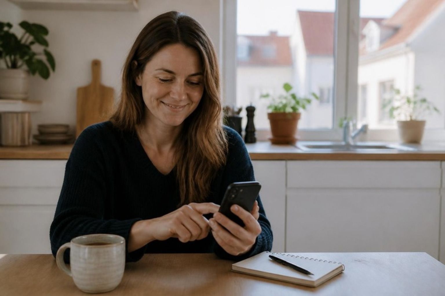 Kvinde sidder ved et køkkenbord og læser på sin mobiltelefon