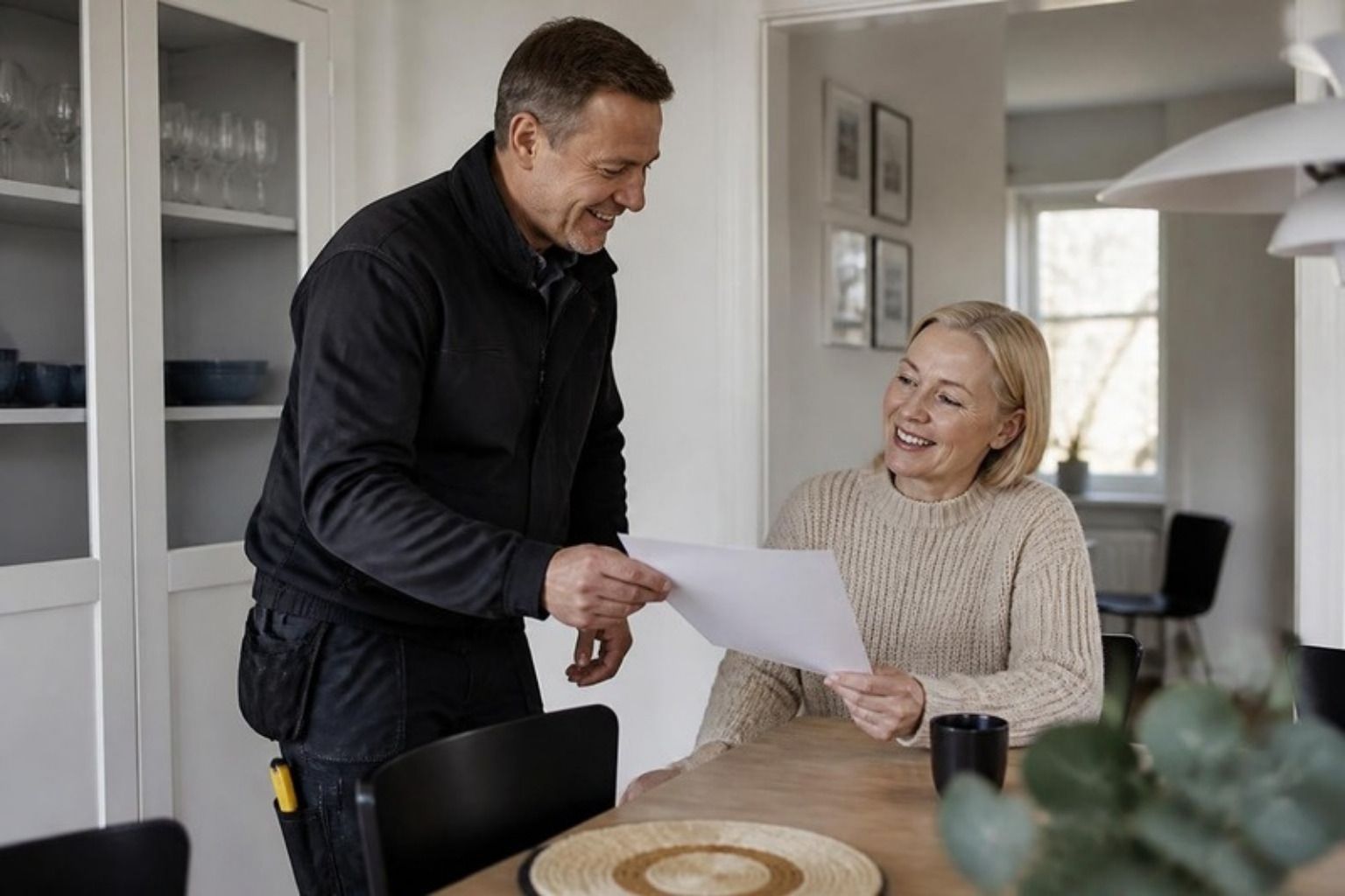Håndværker rækker et papir til en kvinde, der sidder ved et spisebord